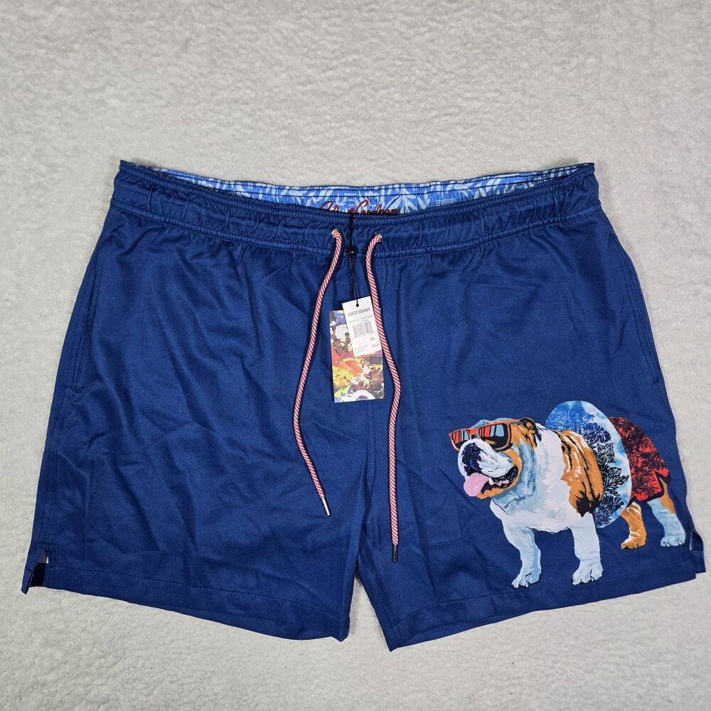 Robert Graham Mens XL Bulldog Lined Blue Swim Board Shorts Swim Trunks Dog